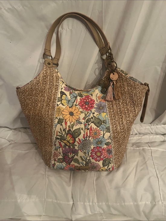 Sakroots Handbags - Sakroots Beige Straw Tote with Multicolor Floral Panel